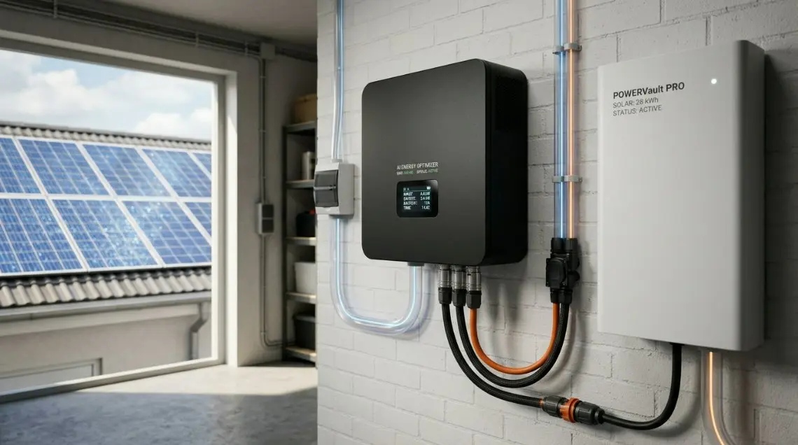 A technical diagram showing the flow of energy from blue polycrystalline solar panels through an AI-powered inverter into a sleek white wall-mounted solid-state battery